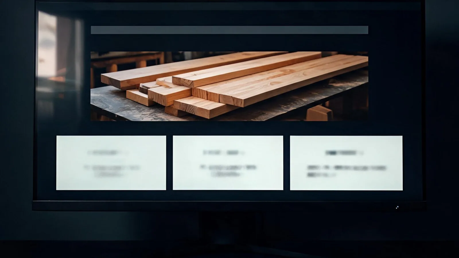 Bildschirm in einem dunklen Raum zeigt die Website einer Tischlerei: oben ein großes Foto von gestapelten, gehobelten Holzbrettern auf einer Werkbank, darunter drei helle Textkacheln